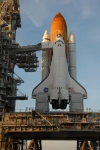 Space shuttle Atlantis on the launch pad at Kennedy Space Center
